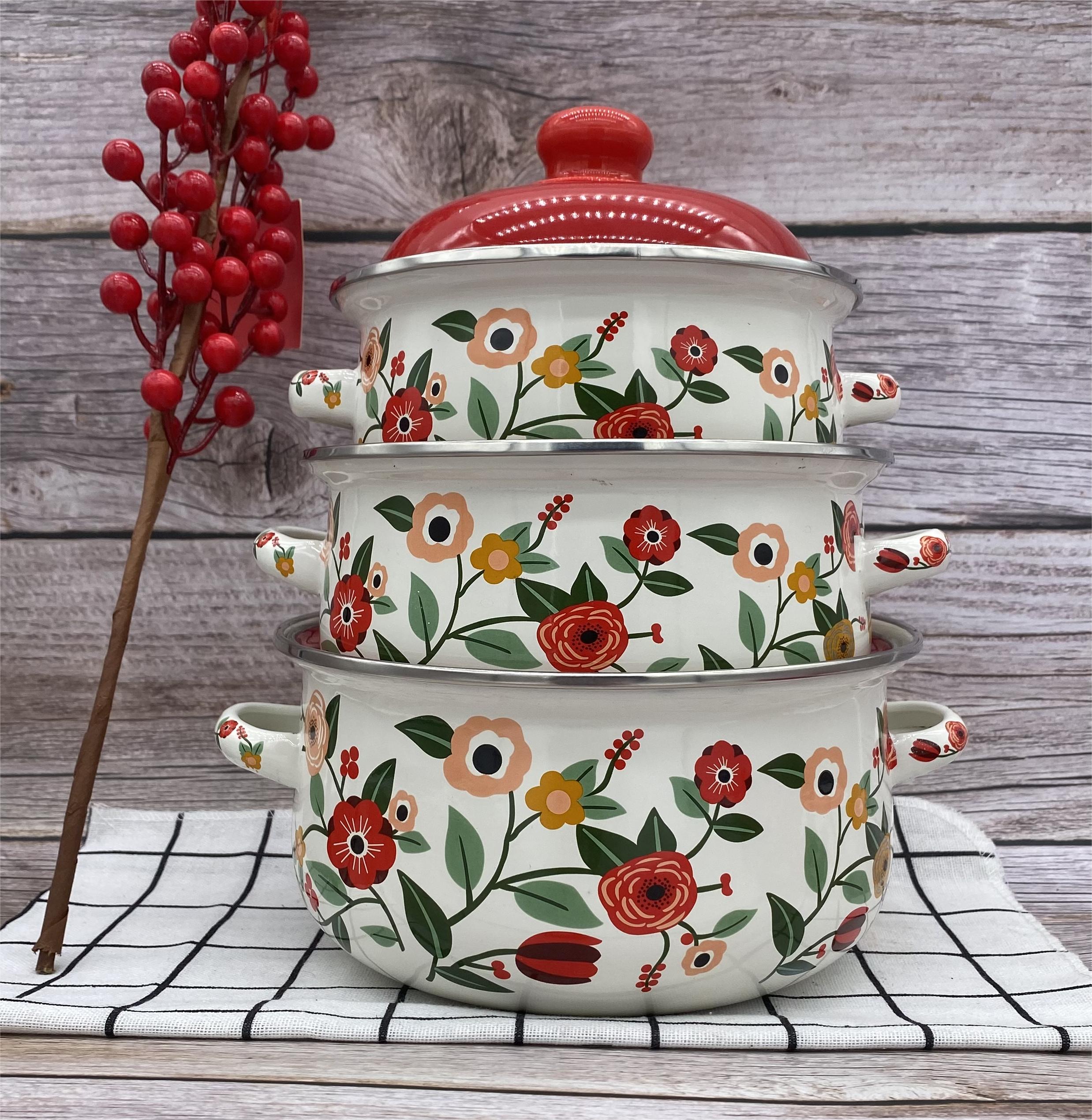 新品加厚珐琅16-20搪瓷锅三件套汤锅泡面碗奶锅小火锅双耳欧式韩