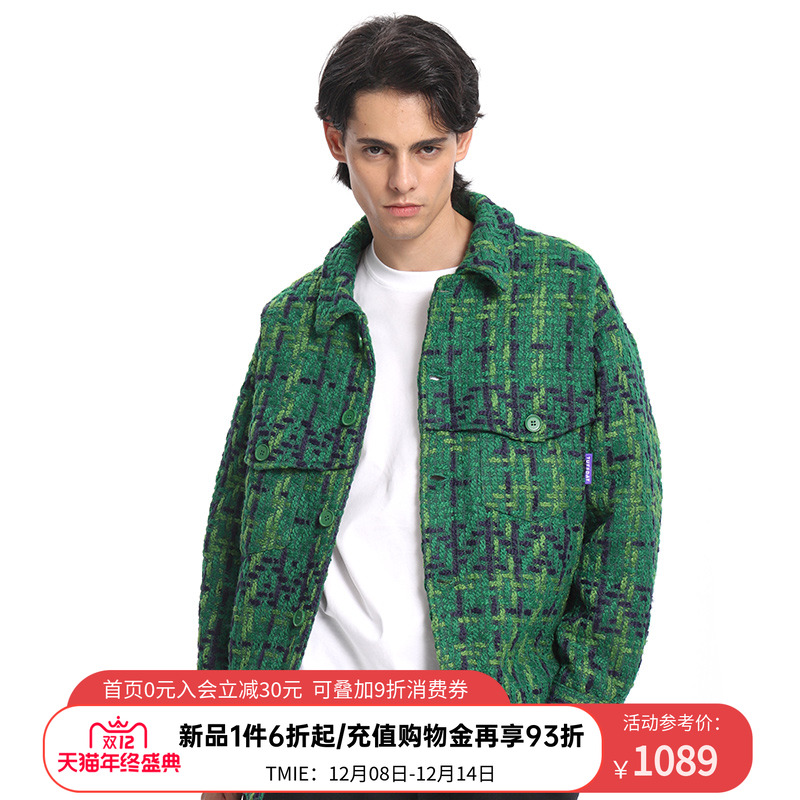 ACUPUNCTURE爱克佩特绿色翻领短羽绒服 复古格纹肌理保暖外套