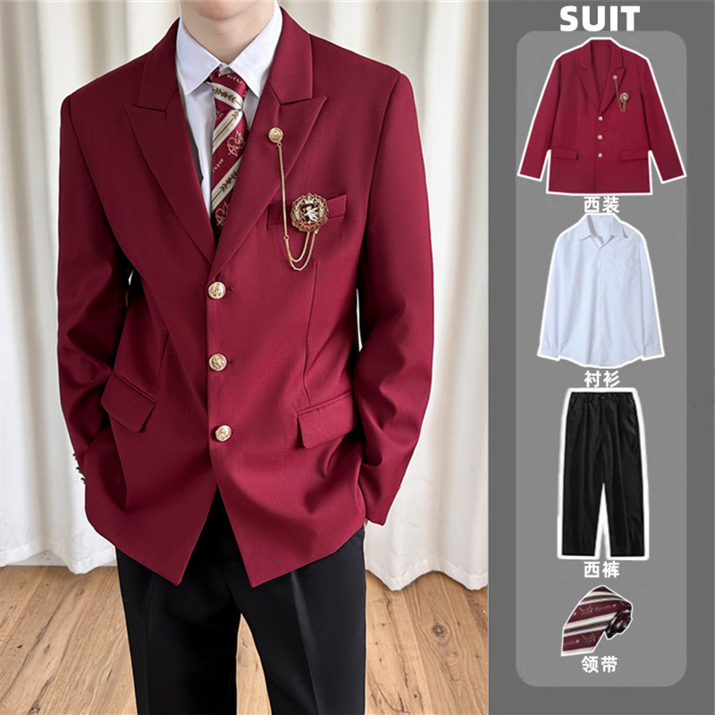 红色学院风dk制服红西服jk外套休闲痞帅毕业拍照校供高级西装班服