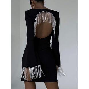 Tassel neck Out Dress Hollowed 镂空露背流苏U型领连衣裙