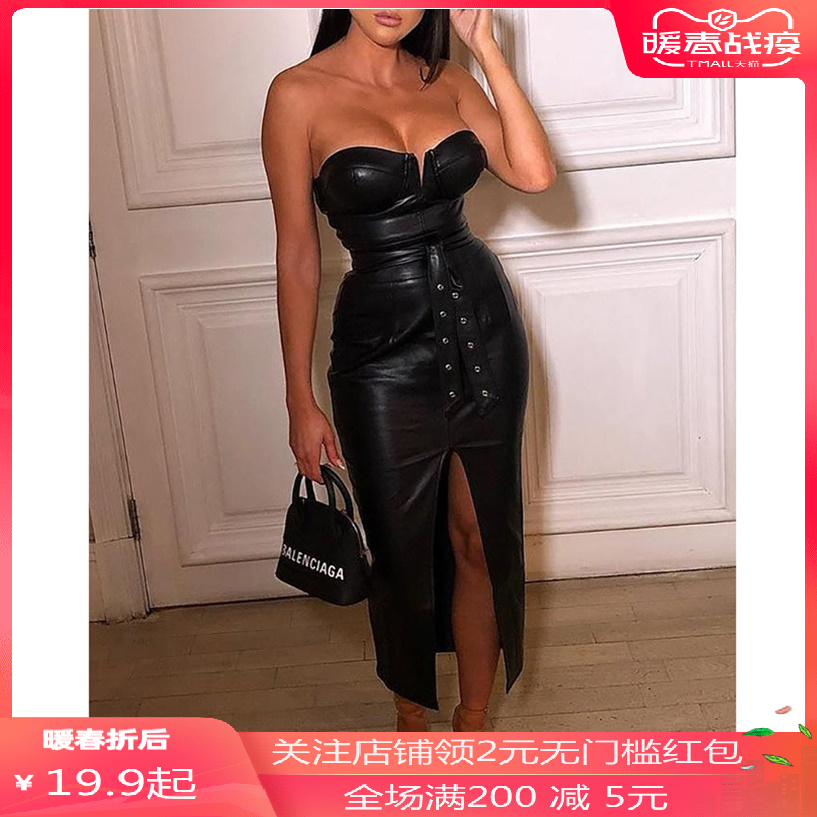 krasa妇女 的女人裙women dress性感抹胸PU皮开衩连衣裙黑色裙子