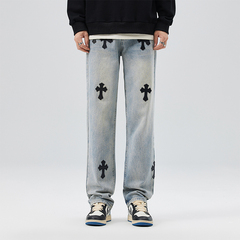 衣品天成Eptison美式高街潮牌2025年夏季新款牛仔裤十字架贴皮男