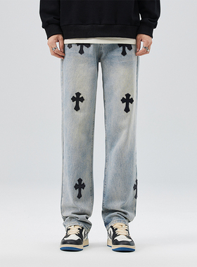 衣品天成Eptison美式高街潮牌2025年夏季新款牛仔裤十字架贴皮男