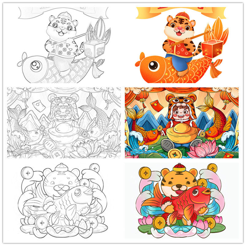 d108虎年绘画黑白线稿2022虎年喜迎新春大吉年年有余jpg图片