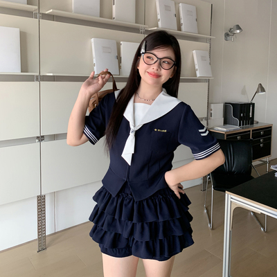 阿车家的大码jk原创学院风海军领水手服显瘦百搭蛋糕裙短裙套装夏