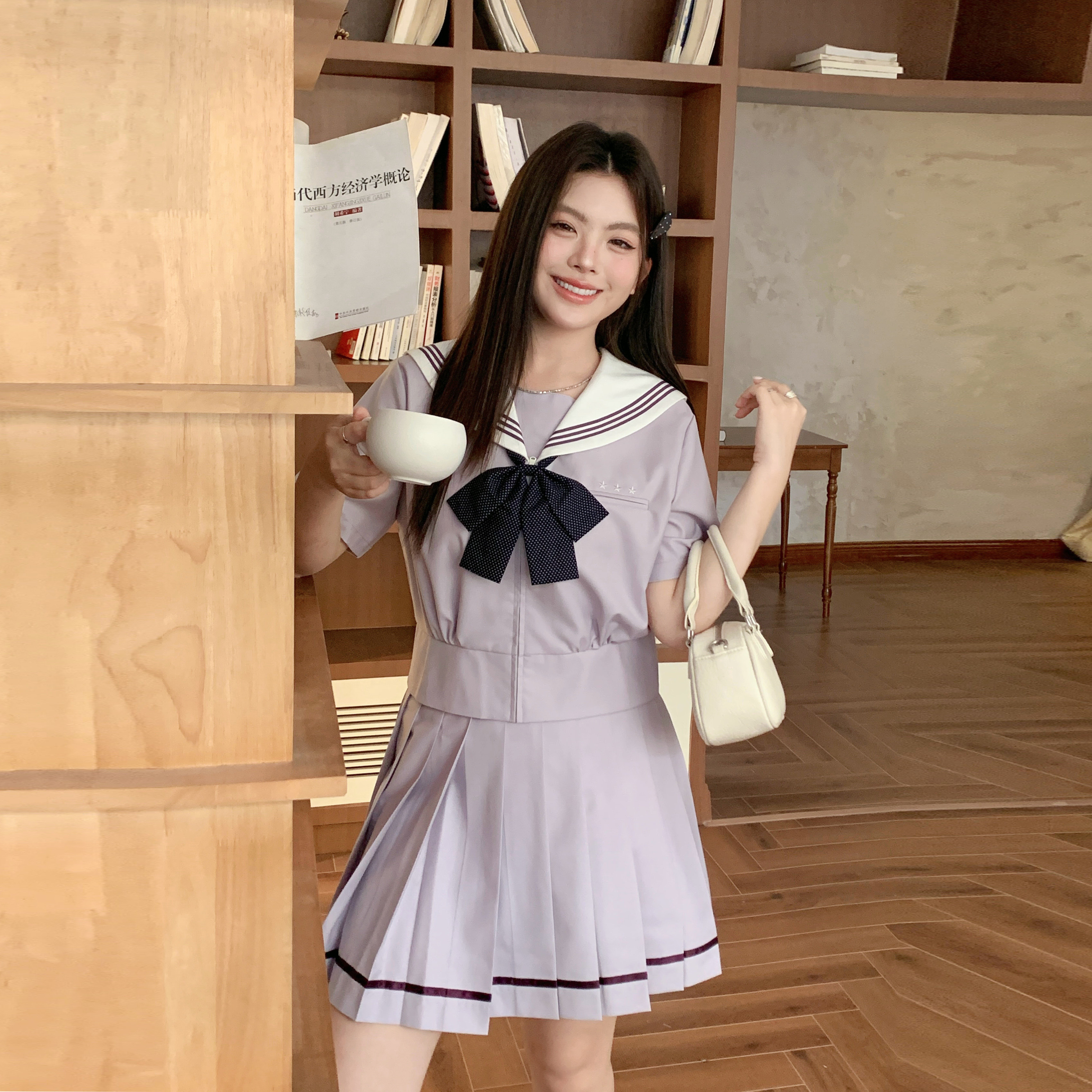 阿车家的大码jk胖妹妹原创紫色收腰学院风短袖水手服百褶裙套装女