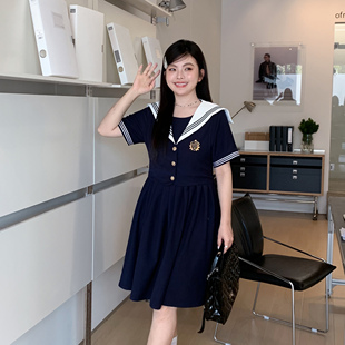 连衣裙女 jk胖mm原创百搭显瘦假两件学院风海军领短袖 阿车家 大码