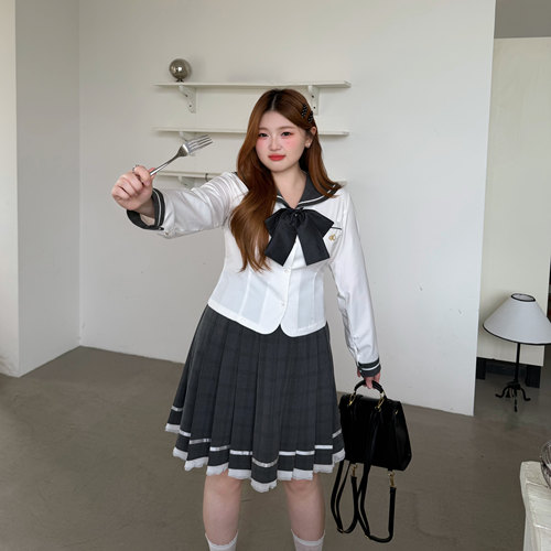 阿车家大码JK水手服百褶裙套装