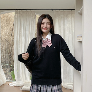 格裙学院风显瘦套装 阿车家 毛衣外套衬衫 jk胖mm原创V领长袖 大码