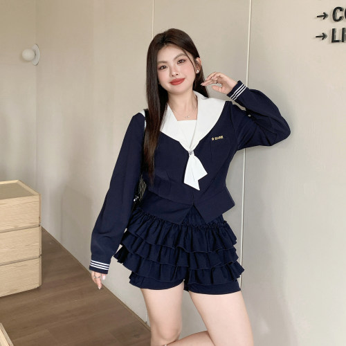 阿车家的大码jk原创学院风海军领水手服显瘦百搭蛋糕裙短裙套装夏