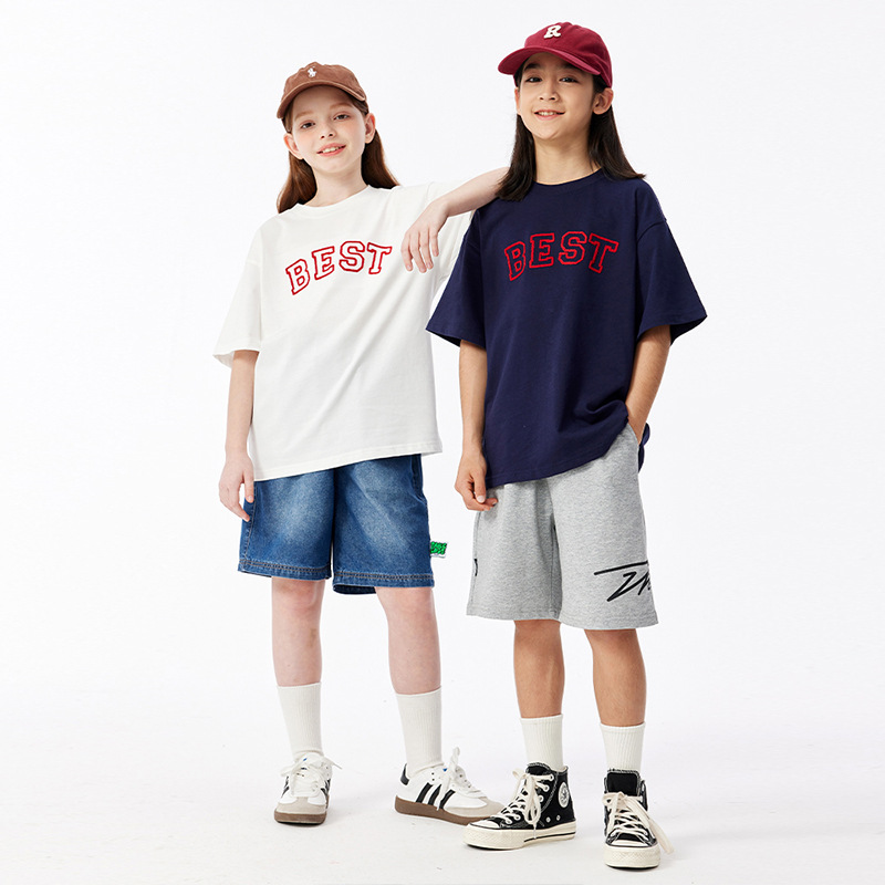 DK纯棉夏季宽松日系刺绣女男童短
