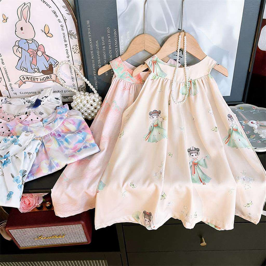 女童夏季挂脖连衣裙人棉韩版公主裙无袖背心裙小女孩碎花儿童裙子