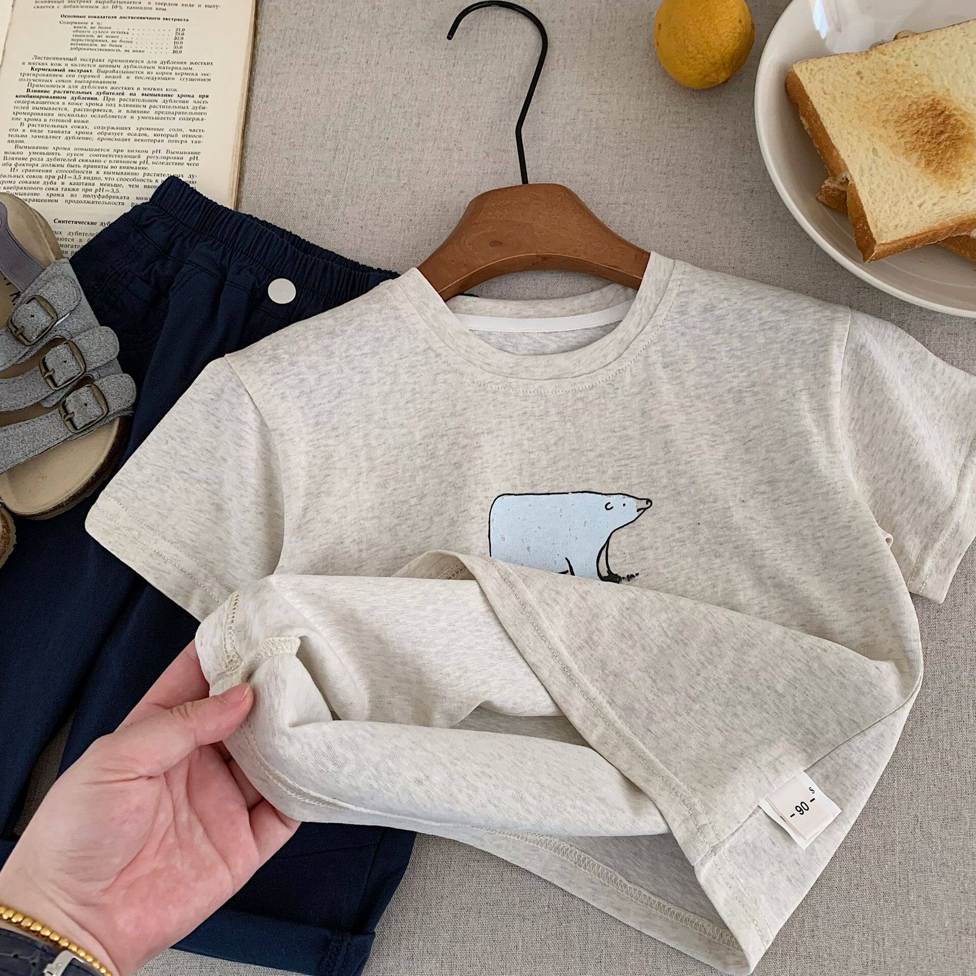 2025童短袖圆领夏季新款男女宝卡通北极熊韩版T恤宽松潮T