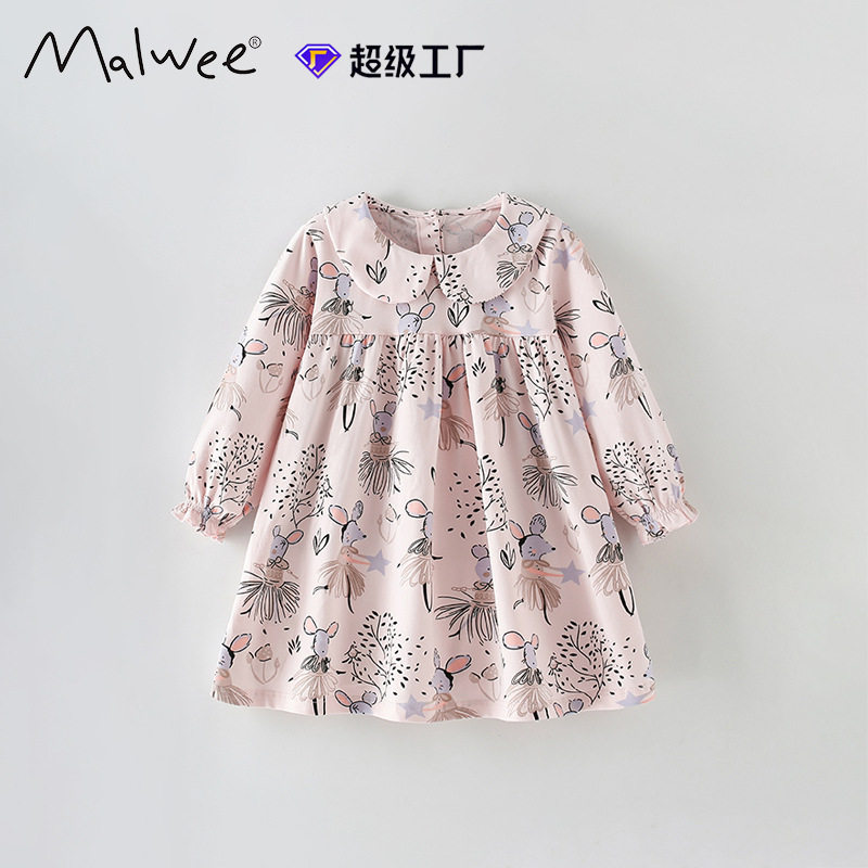 malwee女童欧美秋冬新款娃娃领公主连衣裙中小童长袖裙子