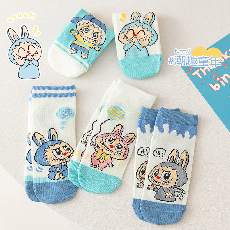 潮流新款儿童袜子2025动漫拉布布短筒袜春夏季棉袜可爱男女童卡通