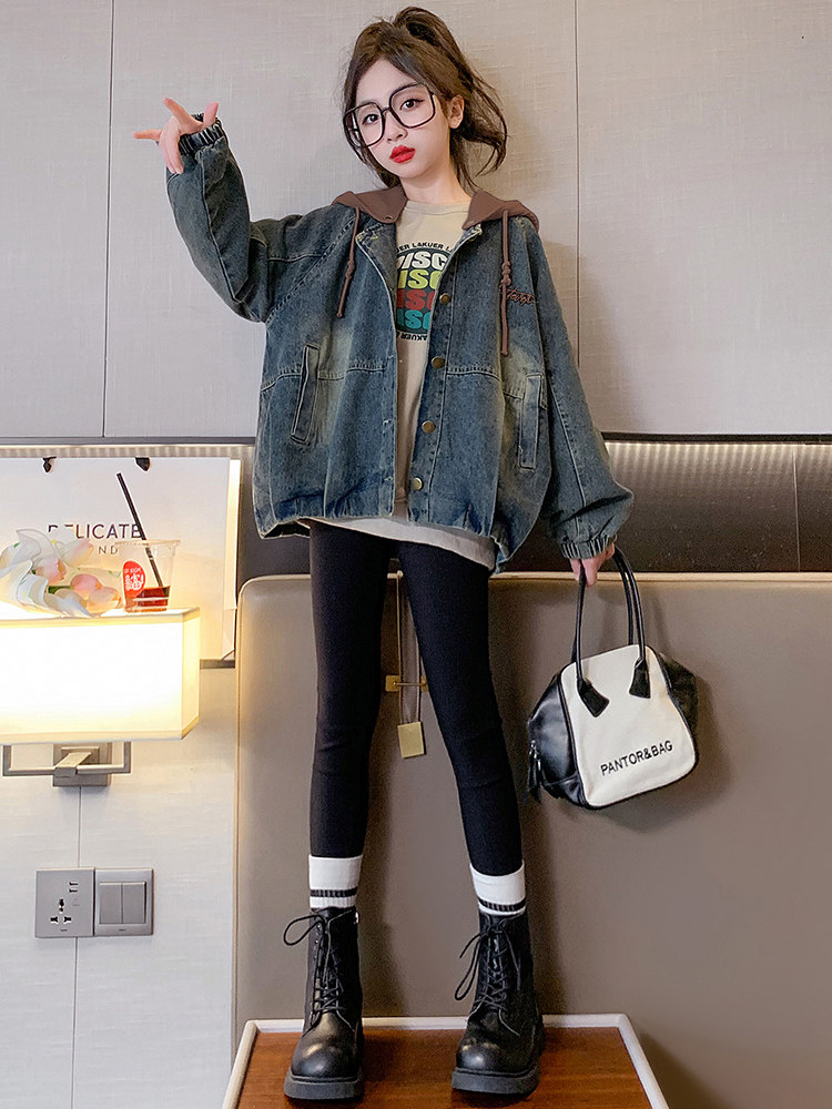 女童外套春秋款2023新款洋气加绒加厚连帽秋装中大童冬季牛仔上衣