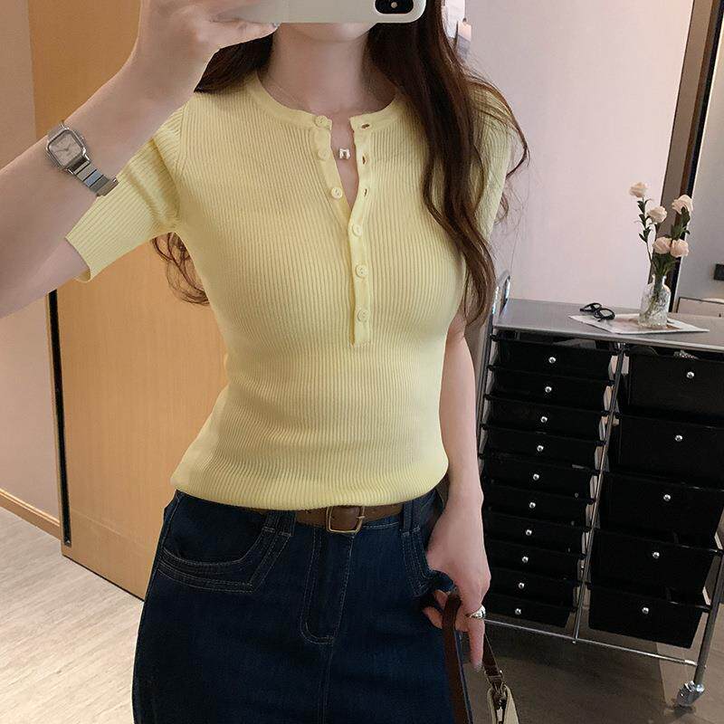 韩系chic半开领针织短袖T恤女夏季别致气质修身显瘦打底衫百搭上