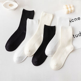 四季简约基础款抽条纯色色纺纱中筒袜双针女袜子ins学院风