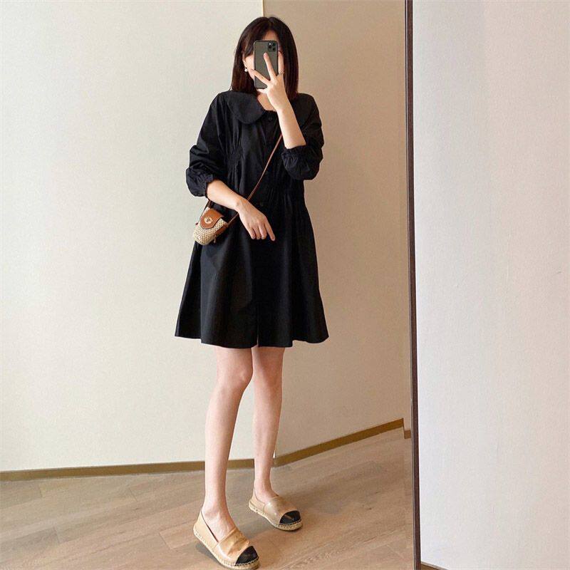 大码春秋新款高级感法式娃娃领灯笼长袖褶皱收腰A字中长连衣裙子