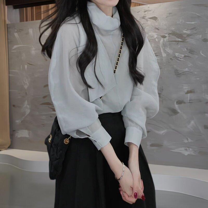韩系简约时尚半高领衬衫春秋轻薄显瘦小众设计感雪纺衫温柔风上衣