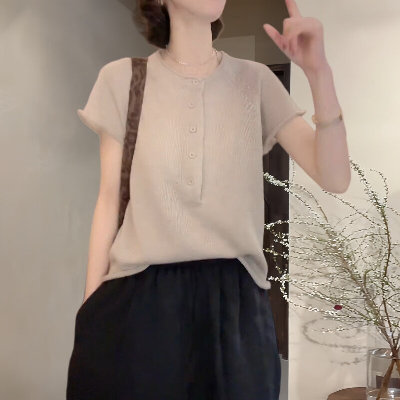 大码通勤风半开领针织衫女春夏时尚百搭修身短袖线衫显瘦气质上衣