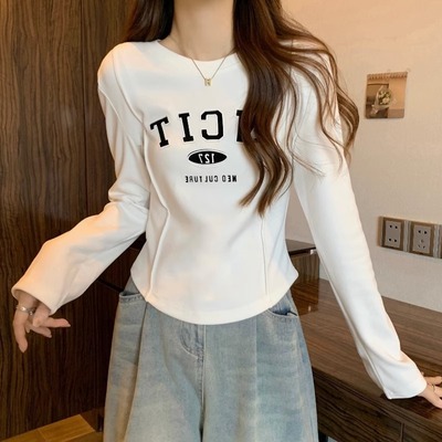 德绒磨毛长袖t恤女秋冬鱼骨修身不规则洋气内搭打底衫上衣1212w