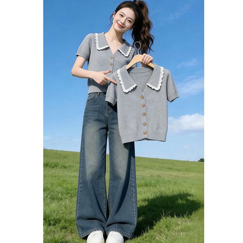 夏季蕾丝花边感polo领短袖t恤女灰色洋气减龄上衣0411z2