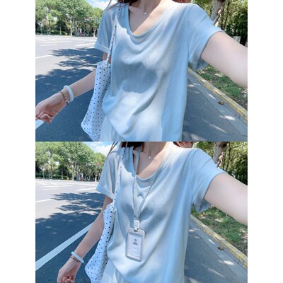 夏季小清新蓝色短袖T恤女感慵懒风宽松穿搭大领口上衣0407z2