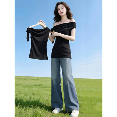蝴蝶结系带黑色短袖t恤女夏季修身显瘦辣妹一字肩露肩斜肩上衣