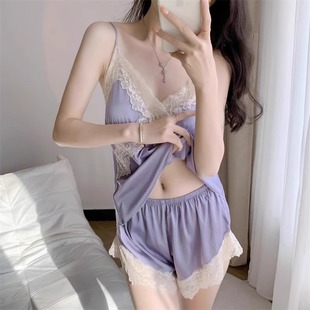 性感紫色冰丝吊带睡衣女2025夏季 两件套带胸垫家居服 薄款 高级短裤