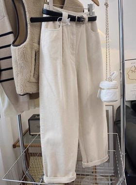 白色条绒阔腿裤女大码梨型身材小个子宽松显瘦秋冬加绒灯芯绒裤子