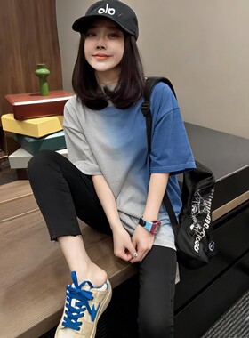 夏季渐变色中长款短袖t恤女遮屁股下装消失蓝色配鲨鱼裤的0418z2