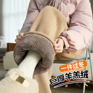 特厚羊羔绒裤 咖色加绒阔腿裤 加厚直筒裤 外穿东北防寒棉裤 子 女冬季