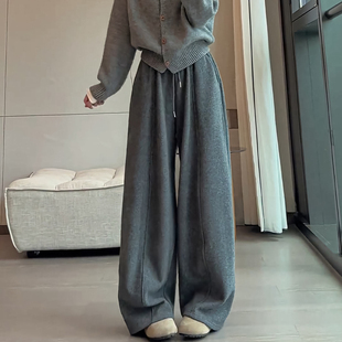 女2025新款 毛呢阔腿裤 秋冬季 梨型报恩裤 宽松云朵裤 灰色加绒弯刀裤
