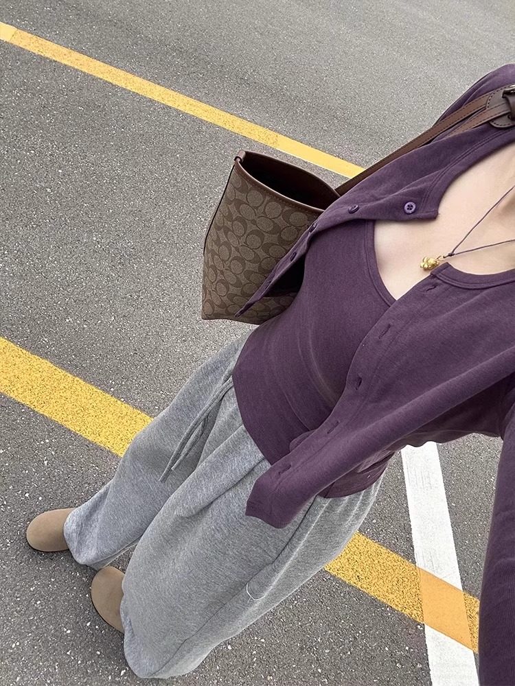 两件套紫色吊带外搭开衫女高级感早秋季韩系穿搭短款修身长袖上衣图片