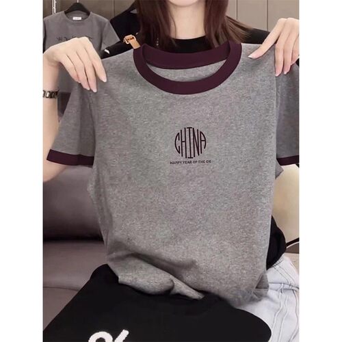 撞色圆领短袖T恤女夏季高端2026火减龄上衣欧货0418r1