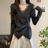 春秋蕾丝V领针织打底衫 2026减龄高级感收腰毛衣内搭独上衣0202e