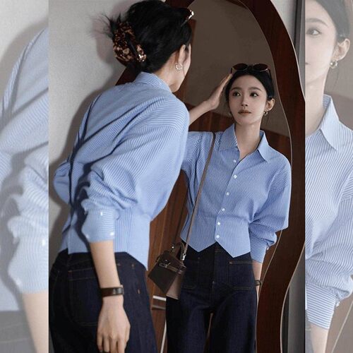 夏季蓝色Polo领条纹长袖衬衫女上衣季气质收腰显瘦短款衬衣0411z2