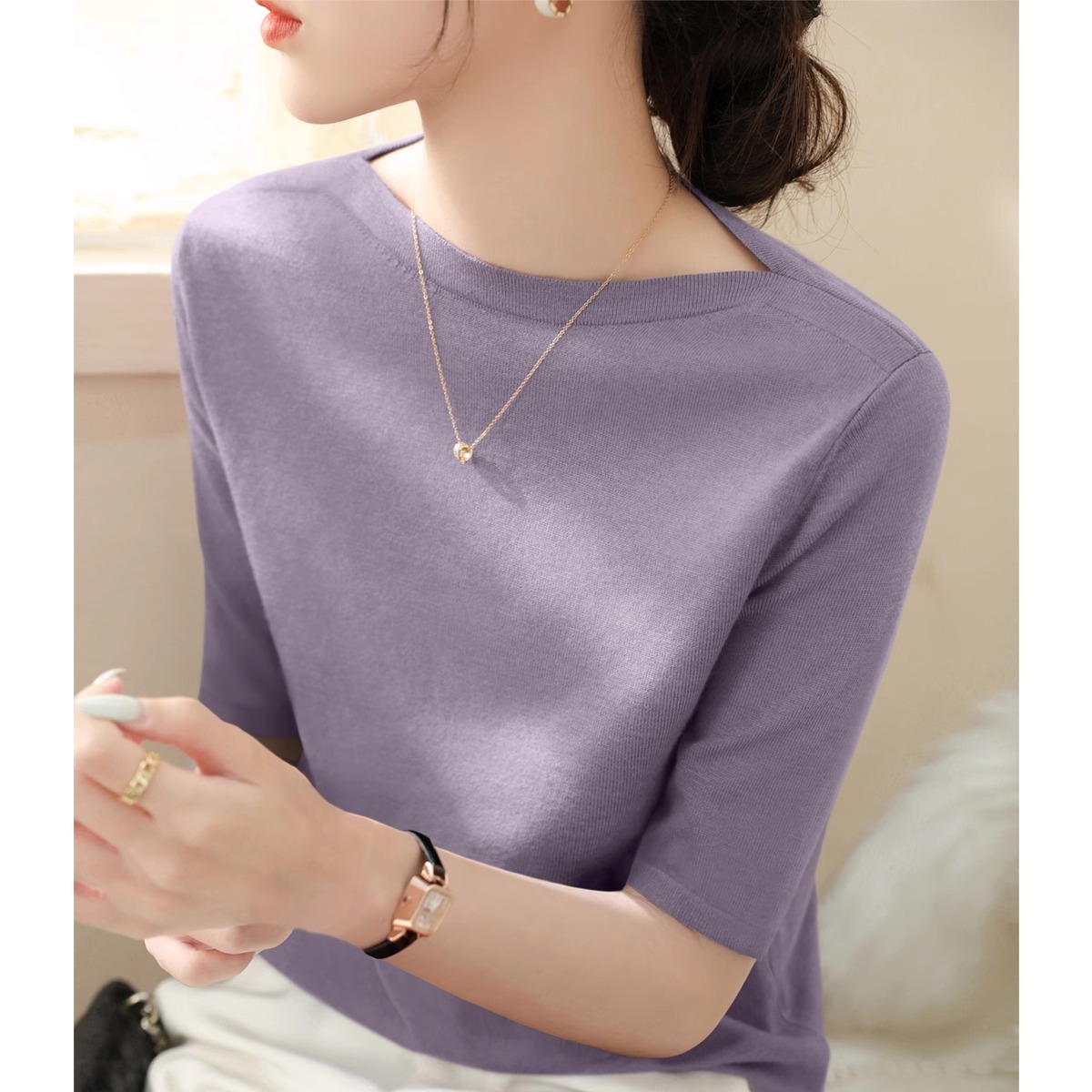 紫色冰丝针织衫短袖女2025新款春季中袖打底衫高级感一字肩上衣