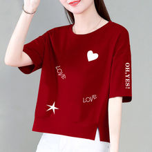 红色纯棉短袖T恤女夏季开叉欧货高端大牌韩版圆领半袖短款上衣