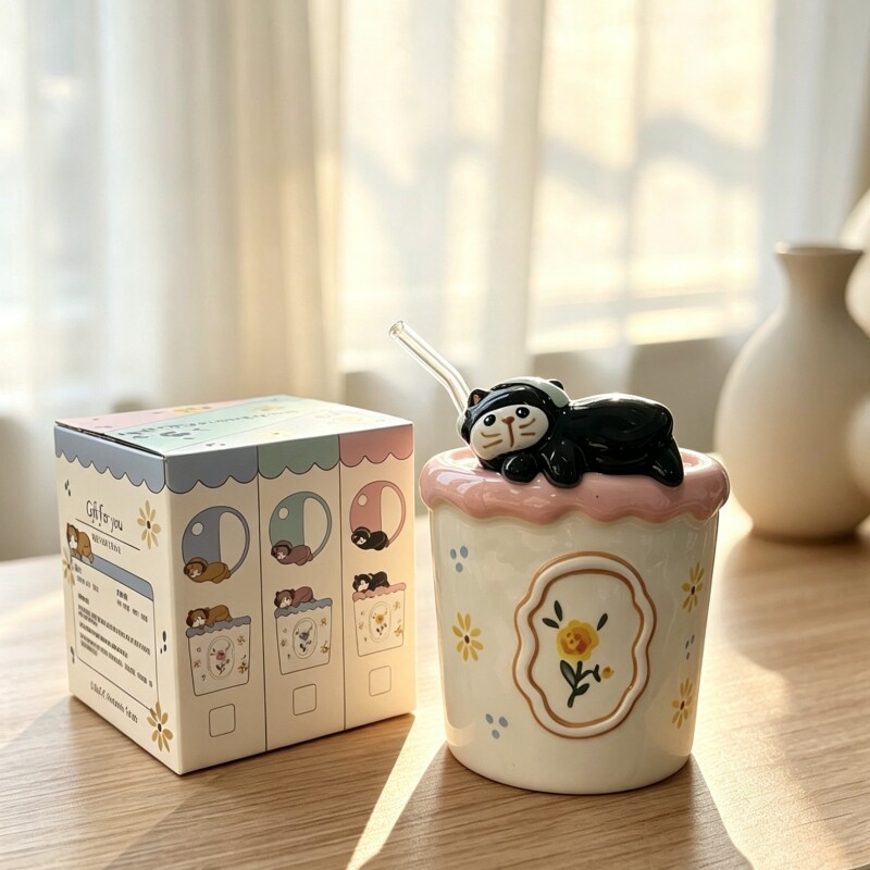 可爱猫咪釉下彩陶瓷马克杯礼盒装情侣生日礼物创意冷饮杯吸管杯子
