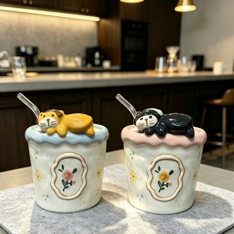 卡通猫咪陶瓷马克杯可爱立体造型吸管杯家用高颜值女生水杯情侣杯