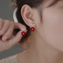 秋冬红色花朵耳环2025新款 高级感耳钉小众设计感耳夹女无耳洞 爆款