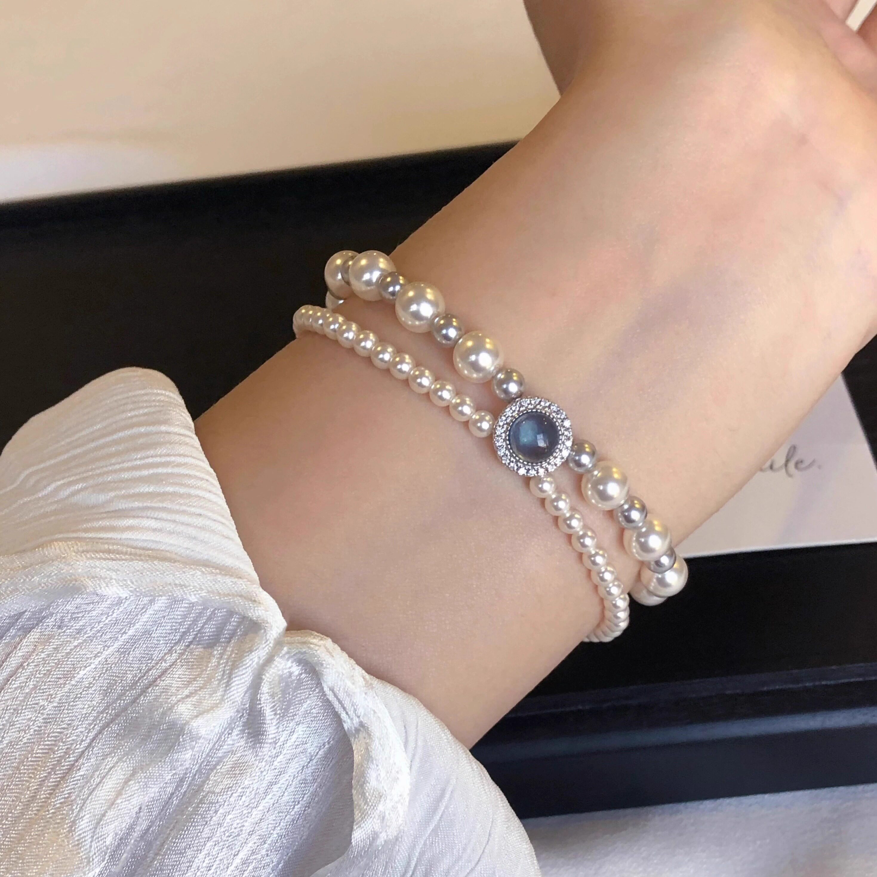 双层仿海蓝宝珍珠轻奢手链气质小