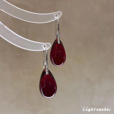 复古鸽血红仿琉璃水滴耳环女中式