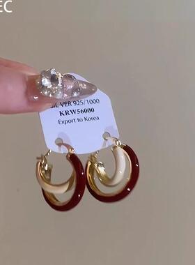 法式复古红色耳环2026新款爆款高级感轻奢小众独特耳扣女秋冬耳饰