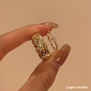 中古微镶菱格戒指女轻奢高级感十字架指环小众设计气质叠戴食指戒