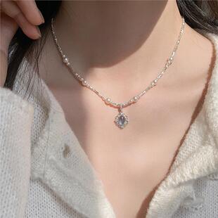 仿海蓝宝碎银珍珠项链女款2025新款颈链高级感轻奢小众气质锁骨链