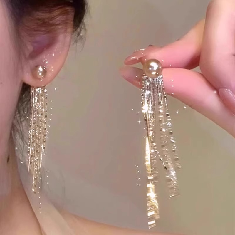 香槟金仿珍珠瀑布流苏耳钉