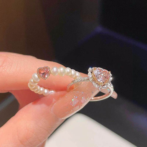 粉色爱心珍珠戒指女轻奢高级感